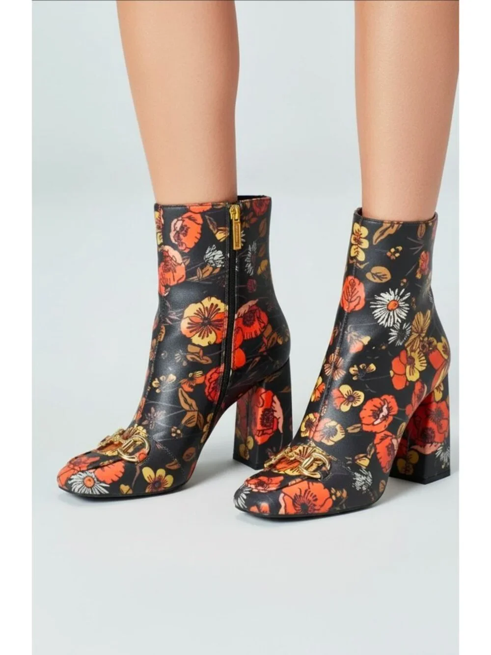 Floral Block Heel Ankle Boots With Gold Buckle Detailing